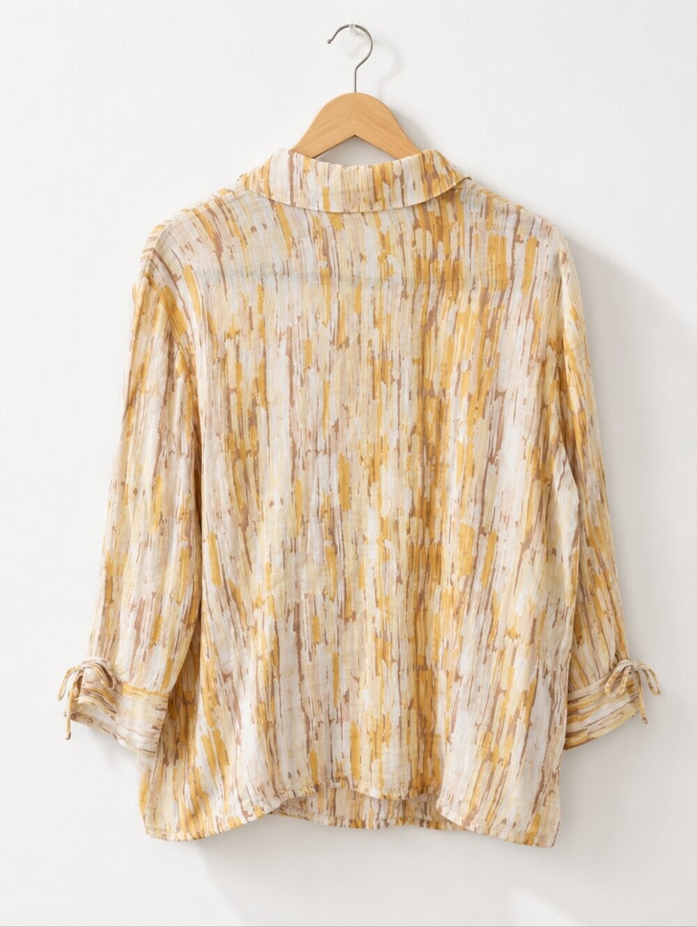 Linen Blend Butter Yellow & Cream Button-Front Blouse | Roll Tab - Picture 2 of 5